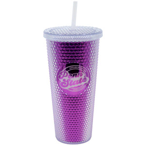 pink tumbler with studded outer finish, lid, straw, and Penn State